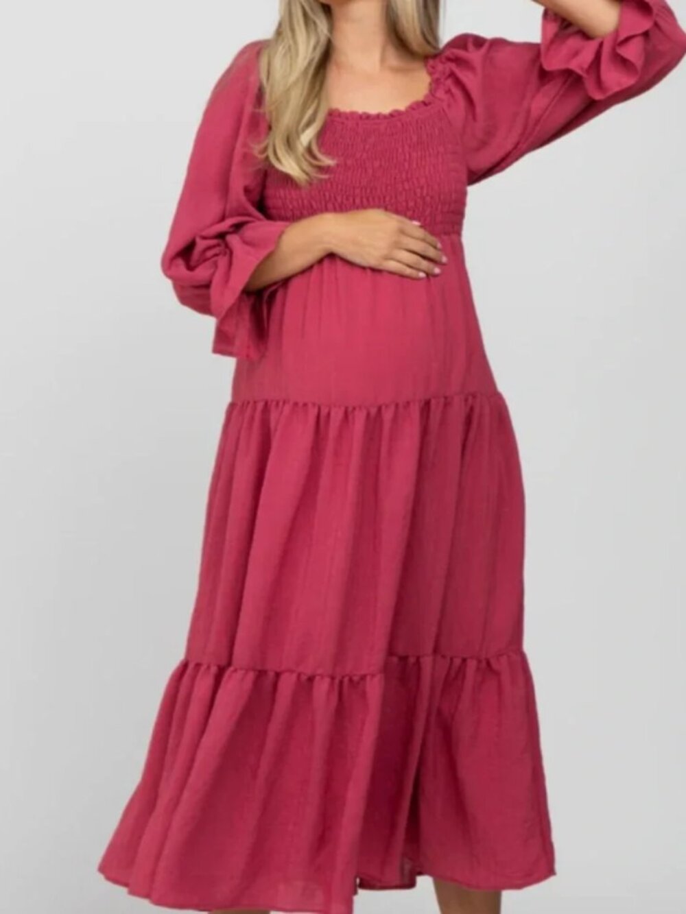 &Merci - Magenta Square Ruffle Neck Smocked Maternity Midi Dress - Size Large